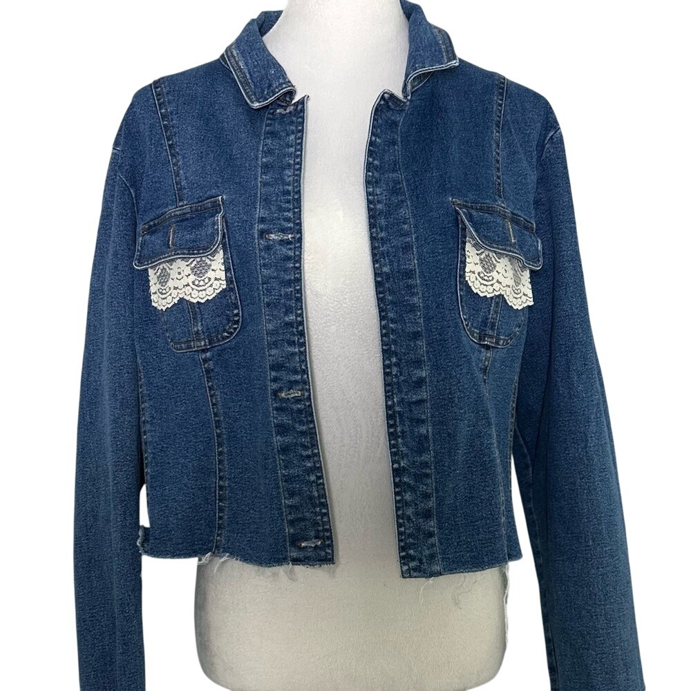 Keren Hart Denim Jacket Women's XL Blue Lace Pocket Cropped‎ Frayed Hem